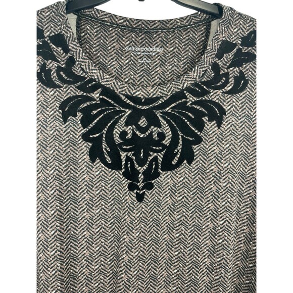 Soft Surroundings 2X Herringbone Print Long Sleeve Top Velvet Embroidered Collar - Picture 2 of 13